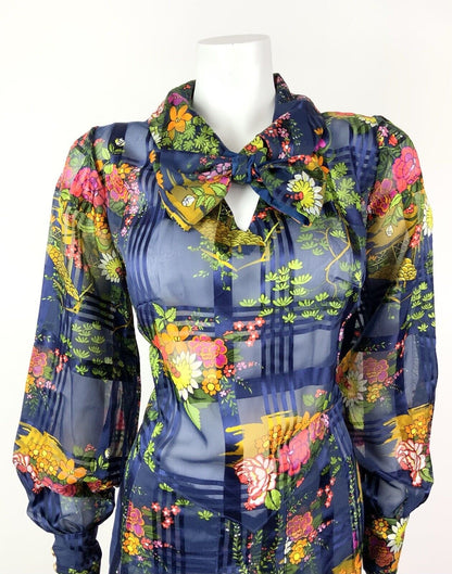 VTG 60s 70s BLUE PINK YELLOW GREEN FLORAL PLAID PUSSYBOW SHEER SHIRT DRESS 14 16