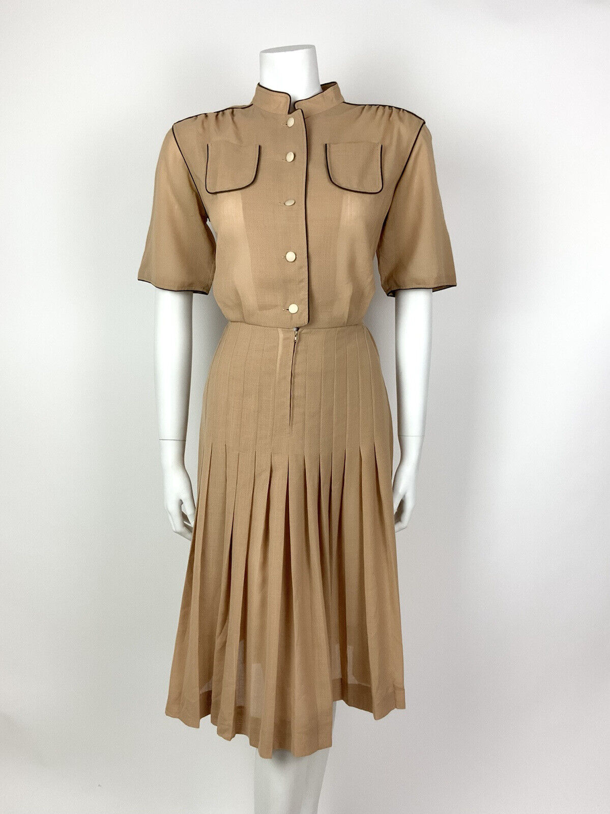 VINTAGE 70s 80s CAMEL BROWN MANDARIN COLLAR PLEATED SUMMER SHIRT DRESS 10