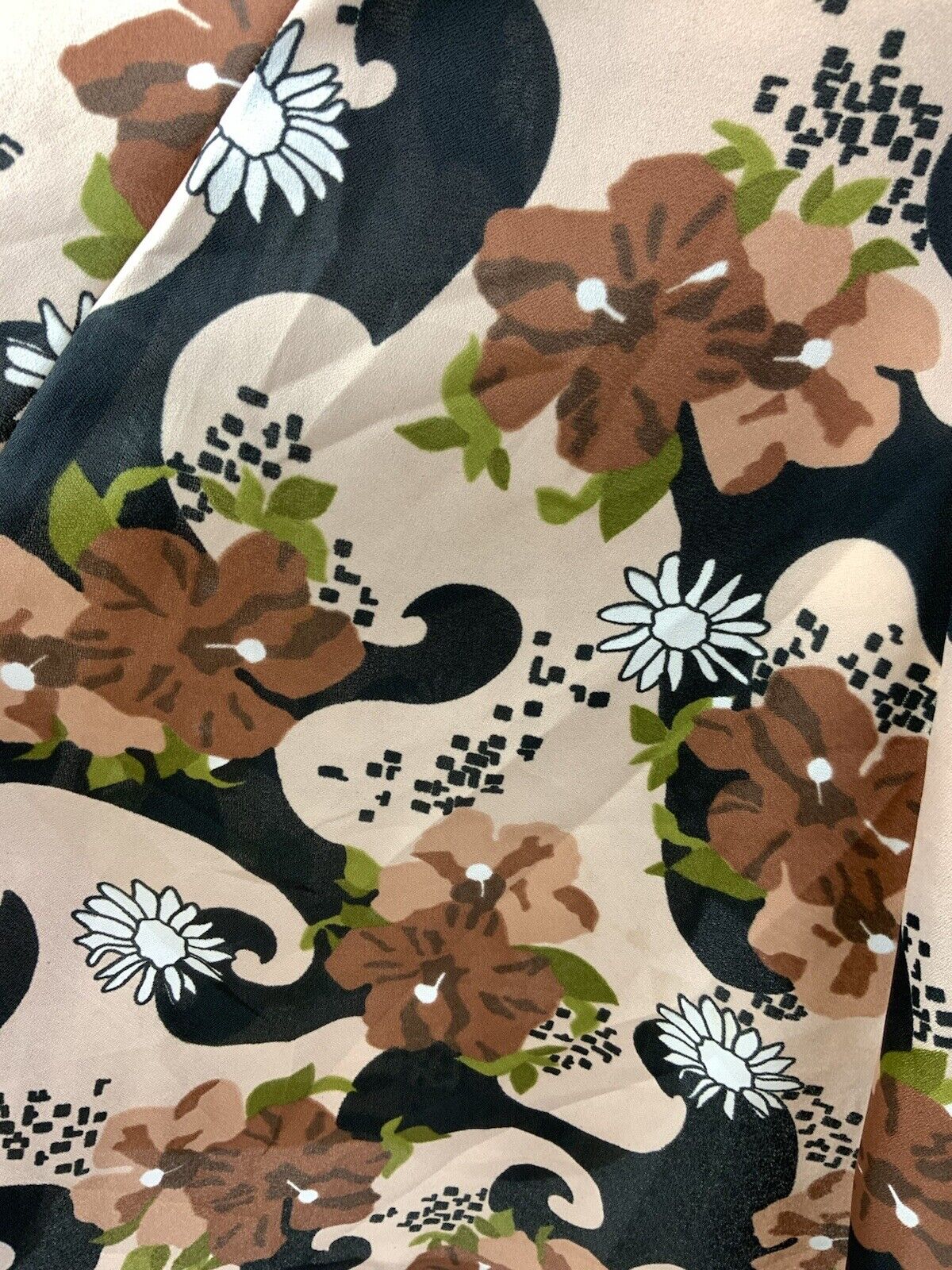 VTG 60s 70s CREAM BLACK BROWN GREEN PSYCHEDELIC FLORAL BLOUSON SWING DRESS 12