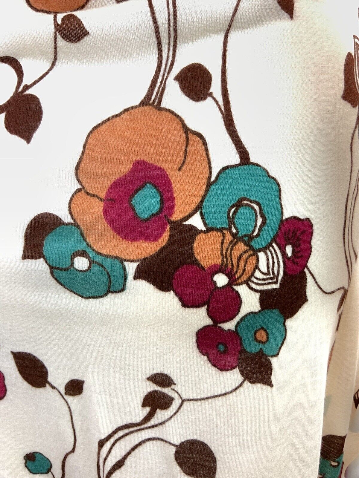 VINTAGE 60s 70s CREAM BROWN RED FLORAL VINE SHORT SHIFT DRESS 10 12