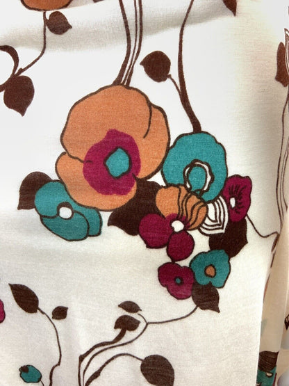 VINTAGE 60s 70s CREAM BROWN RED FLORAL VINE SHORT SHIFT DRESS 10 12