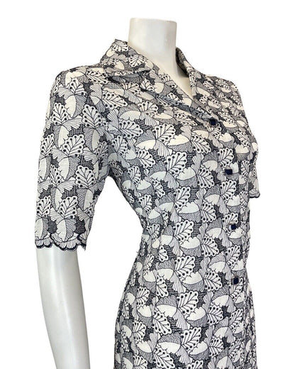 VINTAGE 60s 70s BLACK WHITE EMBROIDERED LEAFY FLORAL MOD SHIRT DRESS 12 14