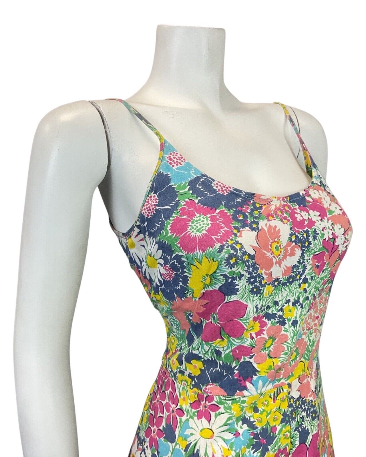 VINTAGE 60s 70s BLUE PINK GREEN FLORAL PSYCHEDELIC STRAPPY SUMMER SUNDRESS 10 12