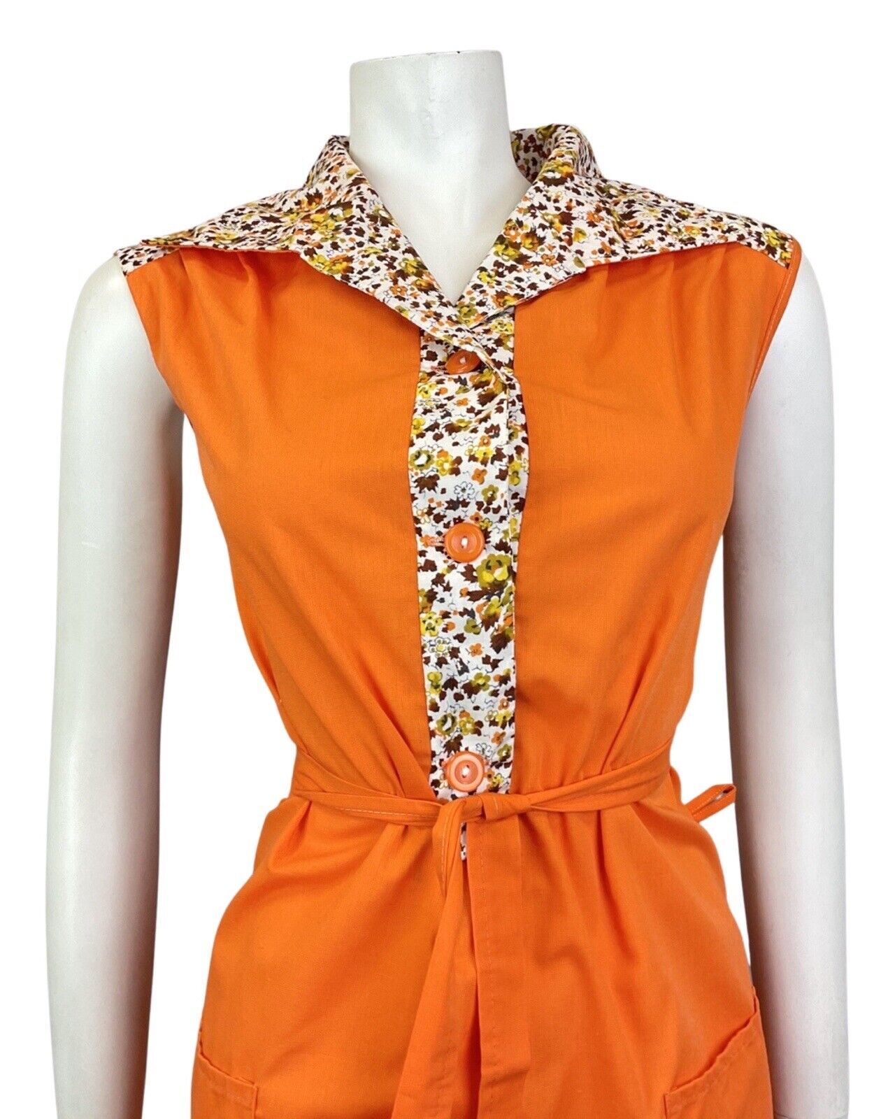 VINTAGE 60s 70s ORANGE YELLOW BROWN FLORAL LEAFY SLEEVELESS SHIRT DRESS 12 14