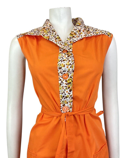VINTAGE 60s 70s ORANGE YELLOW BROWN FLORAL LEAFY SLEEVELESS SHIRT DRESS 12 14