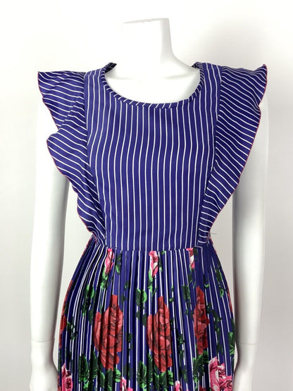 VTG 60s 70s BLUE WHITE RED PINK PIN STRIPE FLORAL ROSE PLEATED PRAIRIE DRESS 10