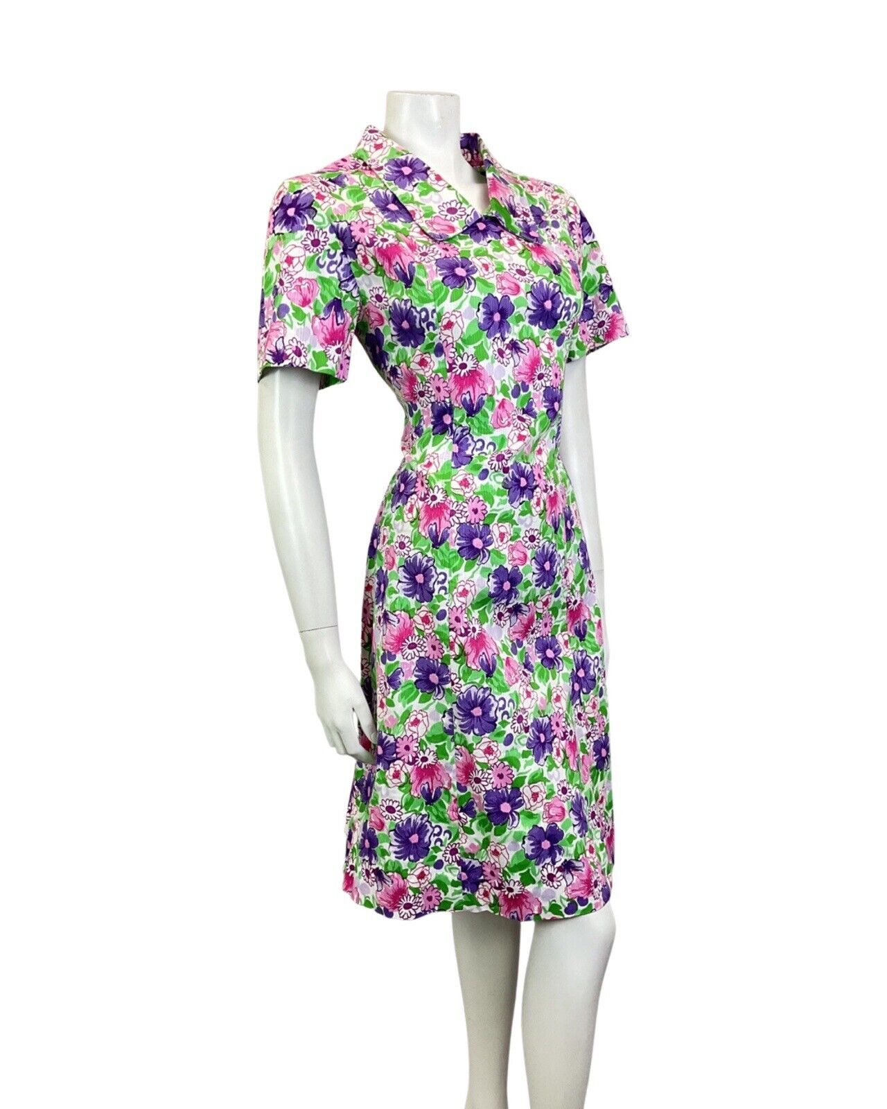 VINTAGE 60s 70s GREEN PURPLE PINK FLORAL GARDEN SHORT SHIRT DRESS 14 16