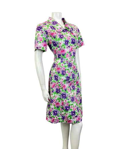 VINTAGE 60s 70s GREEN PURPLE PINK FLORAL GARDEN SHORT SHIRT DRESS 14 16