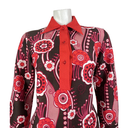 VINTAGE 60s 70s PINK RED BROWN FLORAL PSYCHEDELIC MOD DAGGER COLLAR BLOUSE 12 14