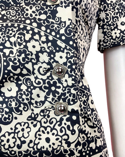 VINTAGE 60s 70s BLACK WHITE SILVER PSYCHEDELIC FLORAL MOD SHIRT DRESS 10 12