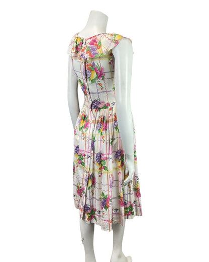 VINTAGE 60s 70s WHITE PURPLE GREEN YELLOW FLORAL FRUITS RUFFLED SUMMER DRESS 8