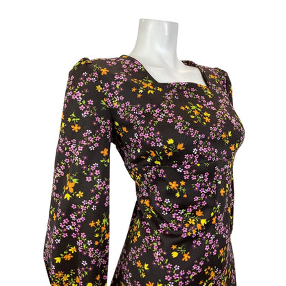 VINTAGE 60s 70s BROWN PURPLE GREEN FLORAL DITSY CHECKED EMPIRE LINE MOD DRESS 16