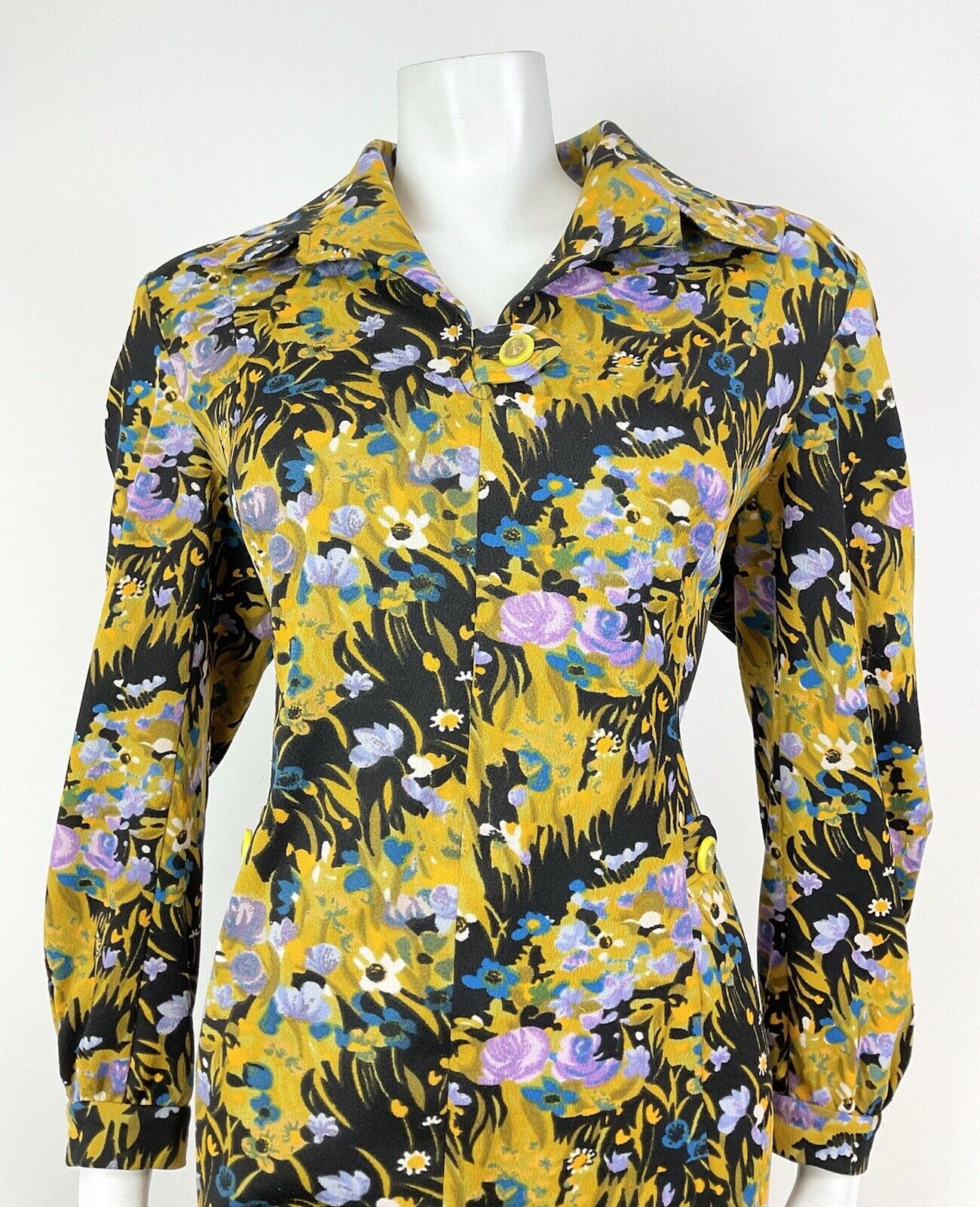 VINTAGE 60s 70s YELLOW BLUE GREEN BLACK PSYCHEDELIC FLORAL SHIRT DRESS 16 18