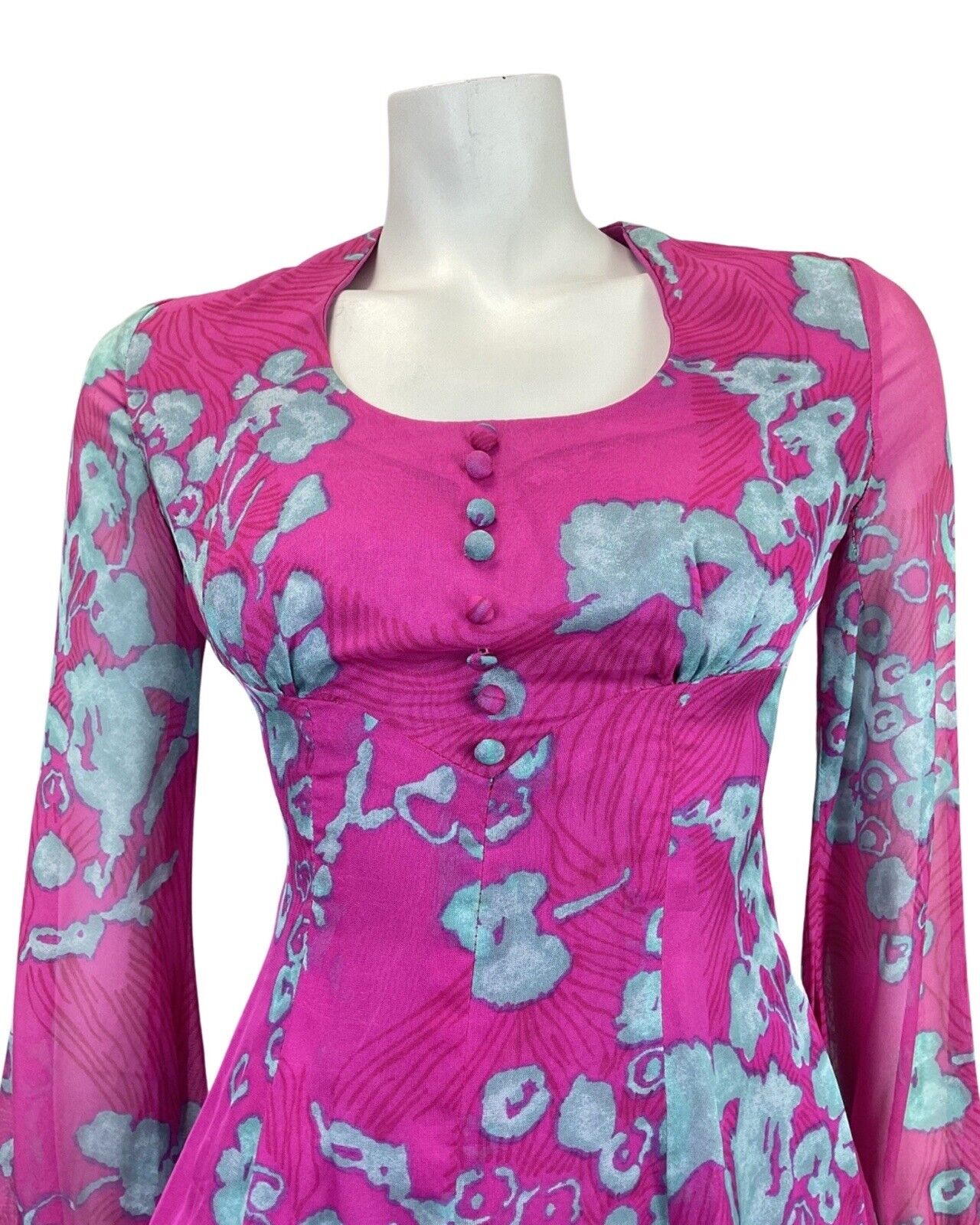 VINTAGE 60s 70s PINK BLUE FLORAL MOD SHEER SWING SHORT DRESS 8 10