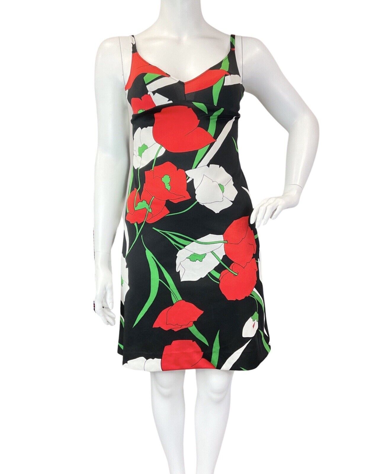 VINTAGE 60s 70s BLACK RED GREEN POPPY FLOWER STRAPPY SUN-DRESS 14