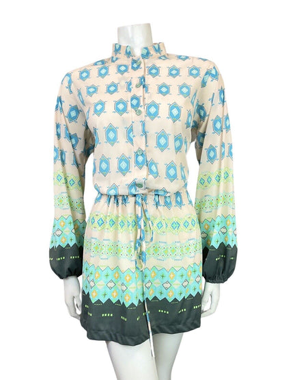 VINTAGE 60s 70s WHITE BLUE GREEN GEOMETRIC BOHO FOLK BLOUSON DRESS 12 14
