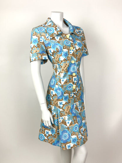 VINTAGE 60s 70s BLUE BEIGE WHITE FLORAL GEOMETRIC PSYCHEDELIC SHIRT DRESS 16 18