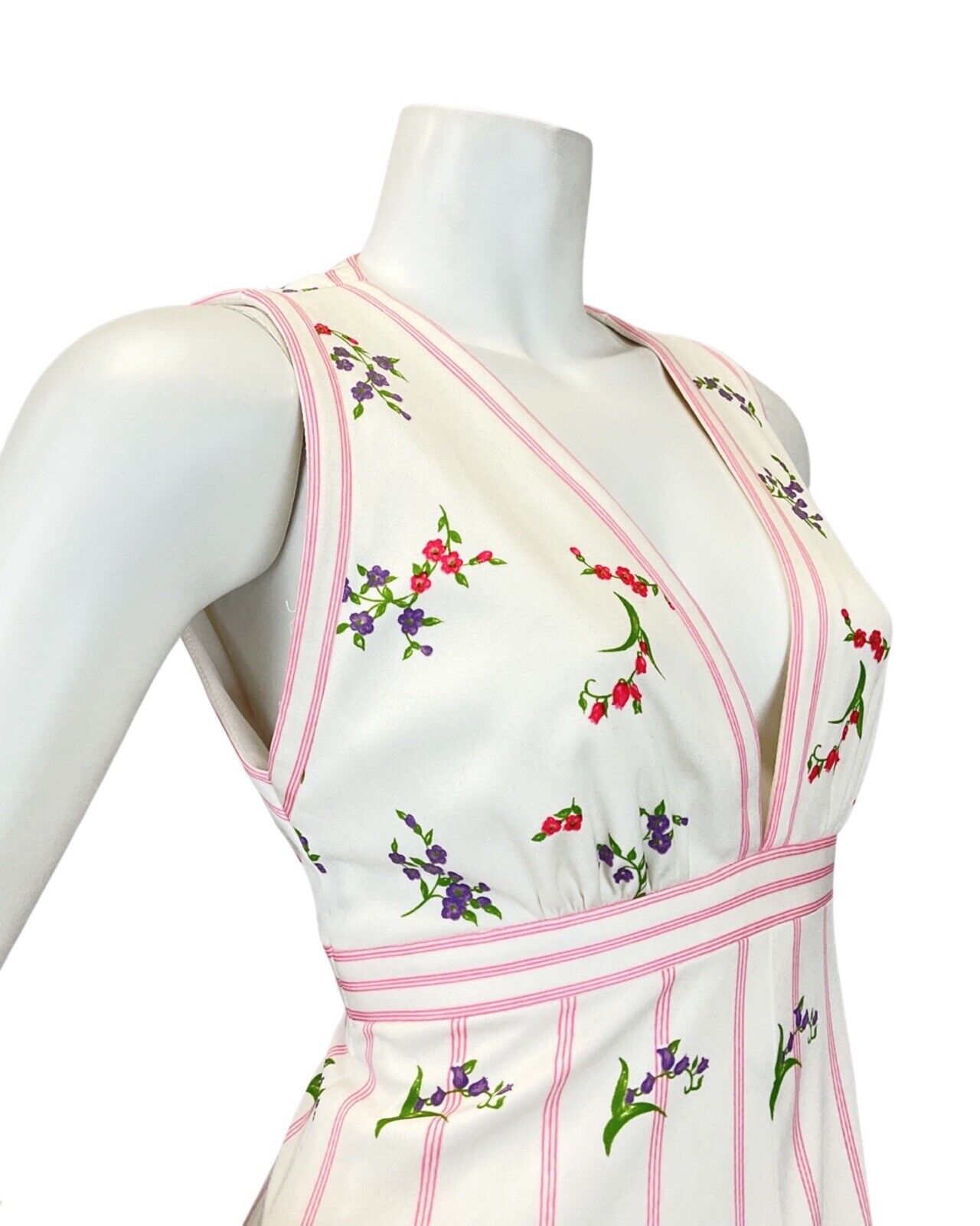 VINTAGE 60s 70s WHITE RED PINK FLORAL BOTANICAL SLEEVELESS SUMMER MAXI DRESS 10