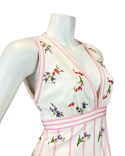 VINTAGE 60s 70s WHITE RED PINK FLORAL BOTANICAL SLEEVELESS SUMMER MAXI DRESS 10