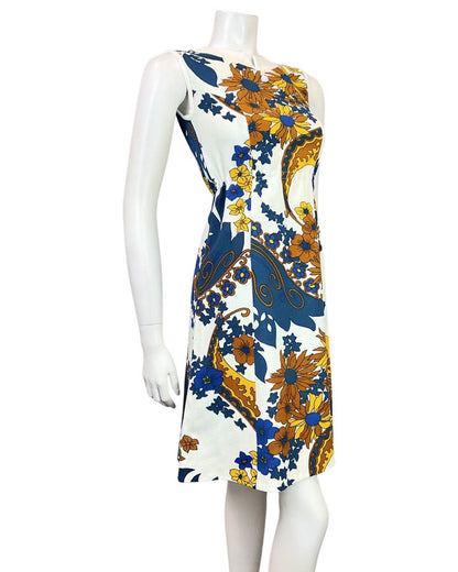 VINTAGE 60s 70s WHITE BLUE YELLOW PSYCHEDELIC FLORAL SLEEVELESS MOD DRESS 6