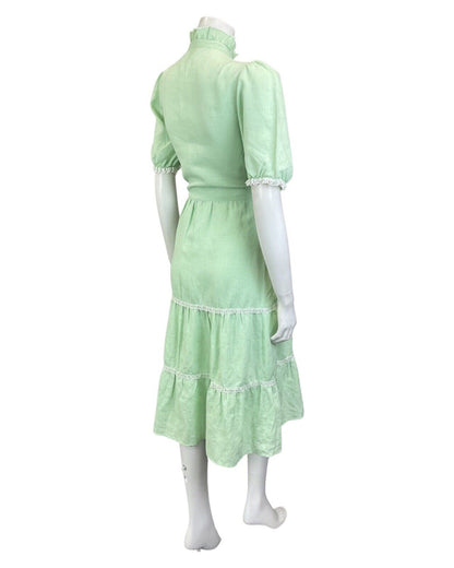 VINTAGE 60s 70s MINT GREEN WHITE LACE RUFFLED BOHO PRAIRIE MIDI DRESS 10