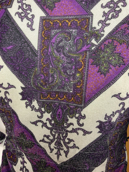 VTG 60s 70s PURPLE WHITE SILVER ZIG-ZAG FLORAL DAGGER COLLAR LUREX DRESS 14 16