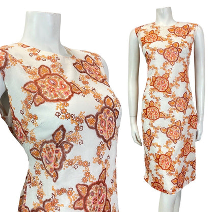 VINTAGE 60s 70s WHITE ORANGE BROWN PAISLEY FLORAL MANDALA SUMMER DRESS 12 14