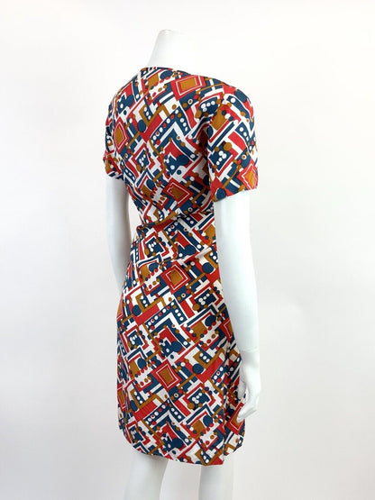 VINTAGE 60s 70s WHITE BLUE RED BRONZE GEOMETRIC DOTTY MOD DRESS 12 14