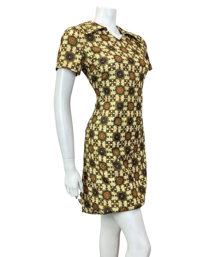 VINTAGE 60s 70s CREAM GOLD BLUE ORNATE CHECKED MOD SHORT SHIRT DRESS 10 12