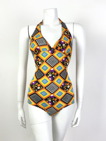 VTG 60s 70s ORANGE BLACK PURPLE GEOMETRIC FLORAL HALTER SWIM BATHING SUIT 10 12