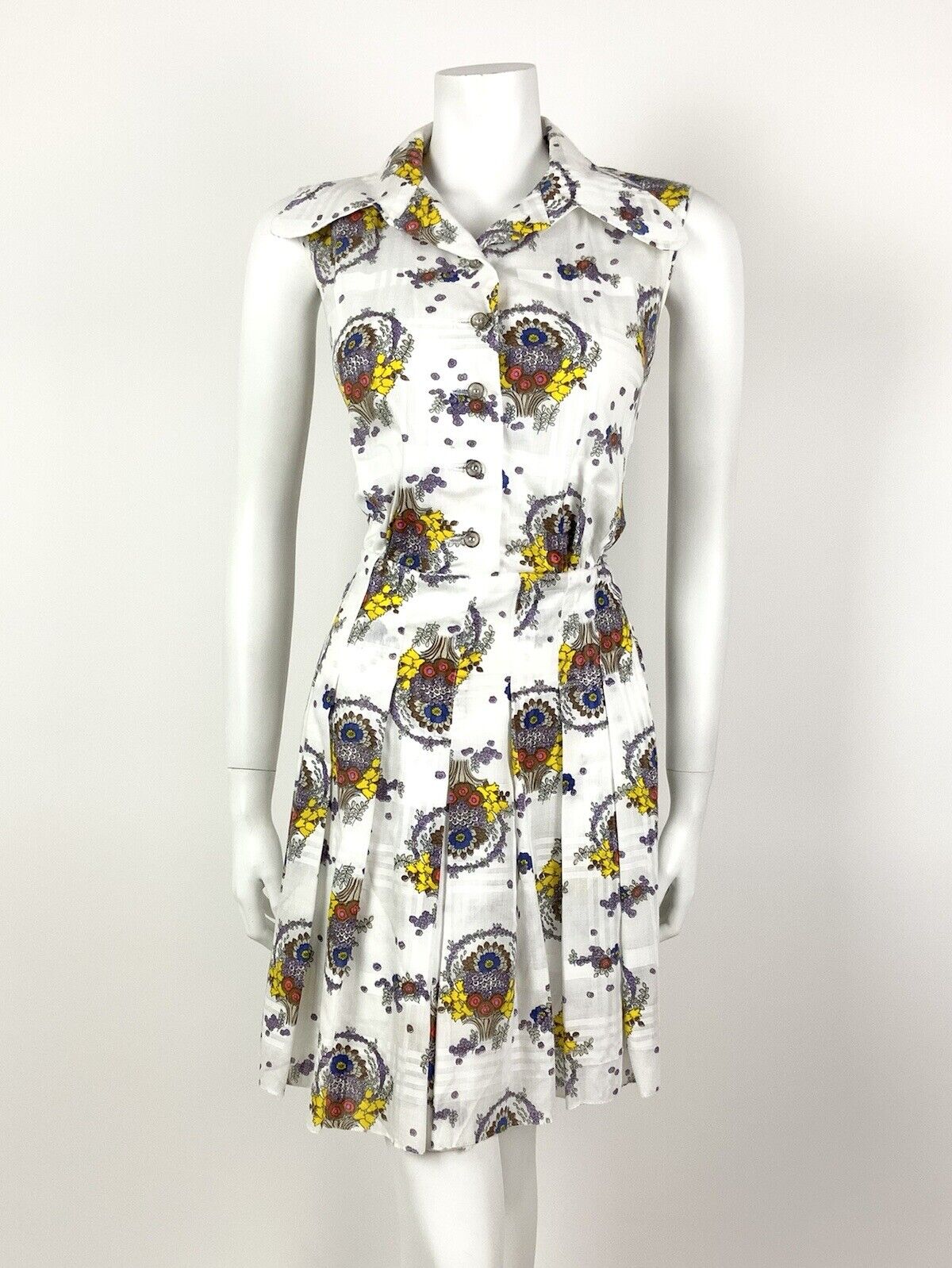 VINTAGE 60s 70s WHITE BROWN YELLOW PLAID FLORAL SPOON COLLAR SHIRT DRESS 12 14