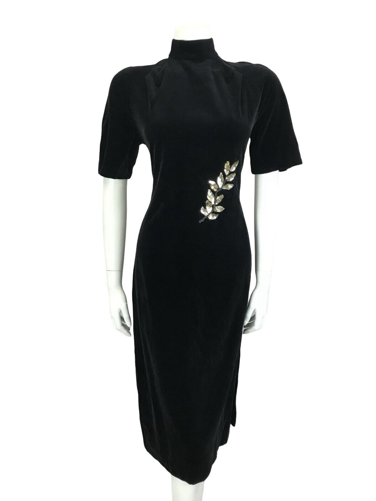 VTG 60S 70S BLACK VEVET GOLD LEAF EMBELLISHED SEQUIN BEADED MIDI PARTY DRESS 4 6