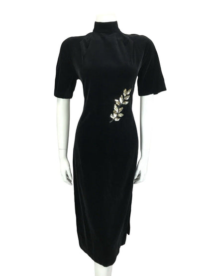 VTG 60S 70S BLACK VEVET GOLD LEAF EMBELLISHED SEQUIN BEADED MIDI PARTY DRESS 4 6