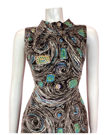 VTG 60s 70s BROWN CREAM BLUE PSYCHEDELIC SWIRL FLOWER VELVET WIGGLE DRESS 8 10