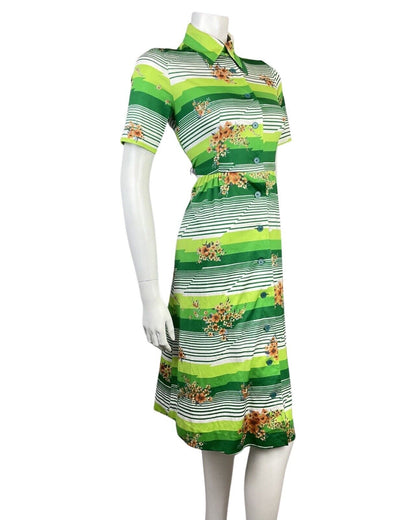 VINTAGE 60s 70s GREEN WHITE ORANGE STRIPED FLORAL MOD DAGGER SHIRT DRESS 8 10