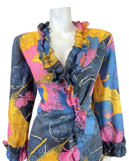 VTG 60s 70s BLUE PINK YELLOW PSYCHEDELIC ABSTRACT RUFFLED HOUSE COAT DRESS 14 16