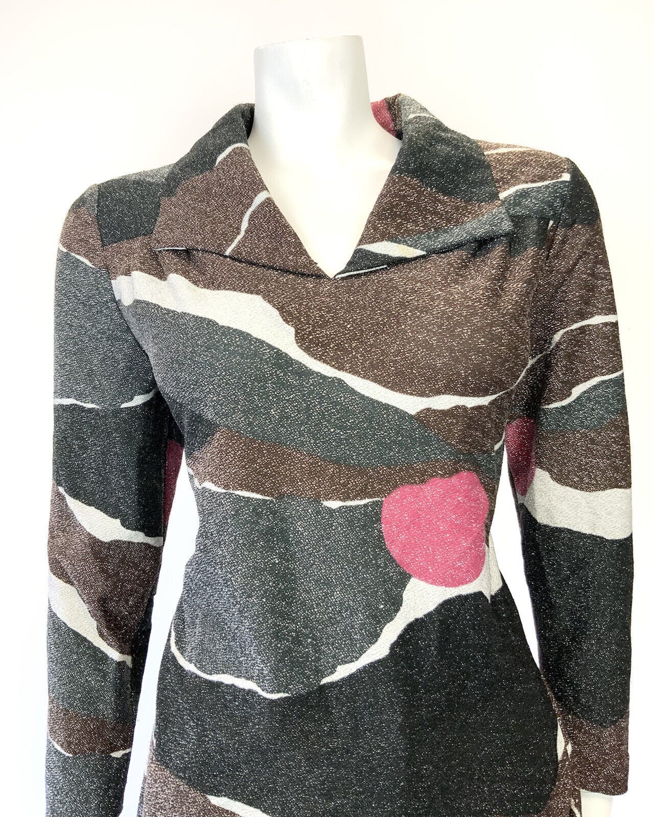 VINTAGE 60s 70s BLACK BROWN PINK ABSTRACT GLITTER LUREX SHIRT BLOUSE 14 16