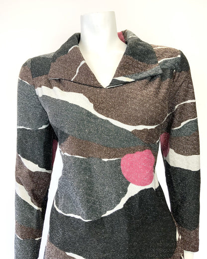 VINTAGE 60s 70s BLACK BROWN PINK ABSTRACT GLITTER LUREX SHIRT BLOUSE 14 16