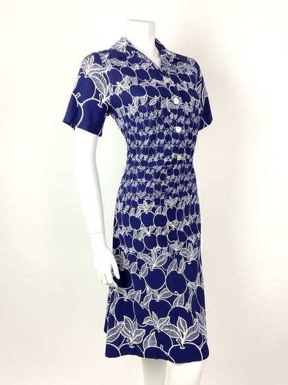 VINTAGE 60s 70s NAVY BLUE WHITE FRUITY APPLE DAGGER COLLAR SHIRT DRESS 10 12