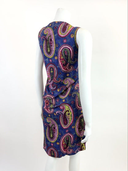 VTG 60s 70s BLUE PINK YELLOW PSYCHEDELIC PAISLEY MOD SHIFT  A-LINE DRESS 10 12