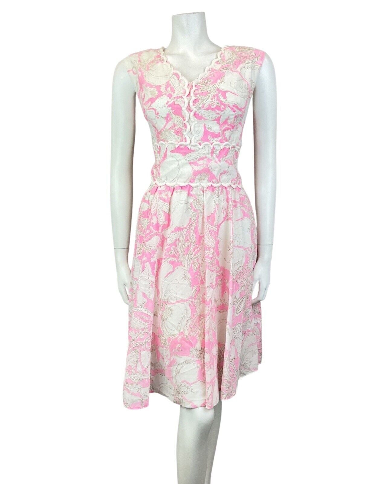 VINTAGE 60s 70s BRIGHT PINK WHITE FLORAL SCALLOPED SLEEVELESS DRESS 12 14