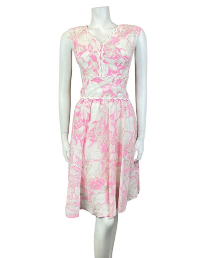 VINTAGE 60s 70s BRIGHT PINK WHITE FLORAL SCALLOPED SLEEVELESS DRESS 12 14