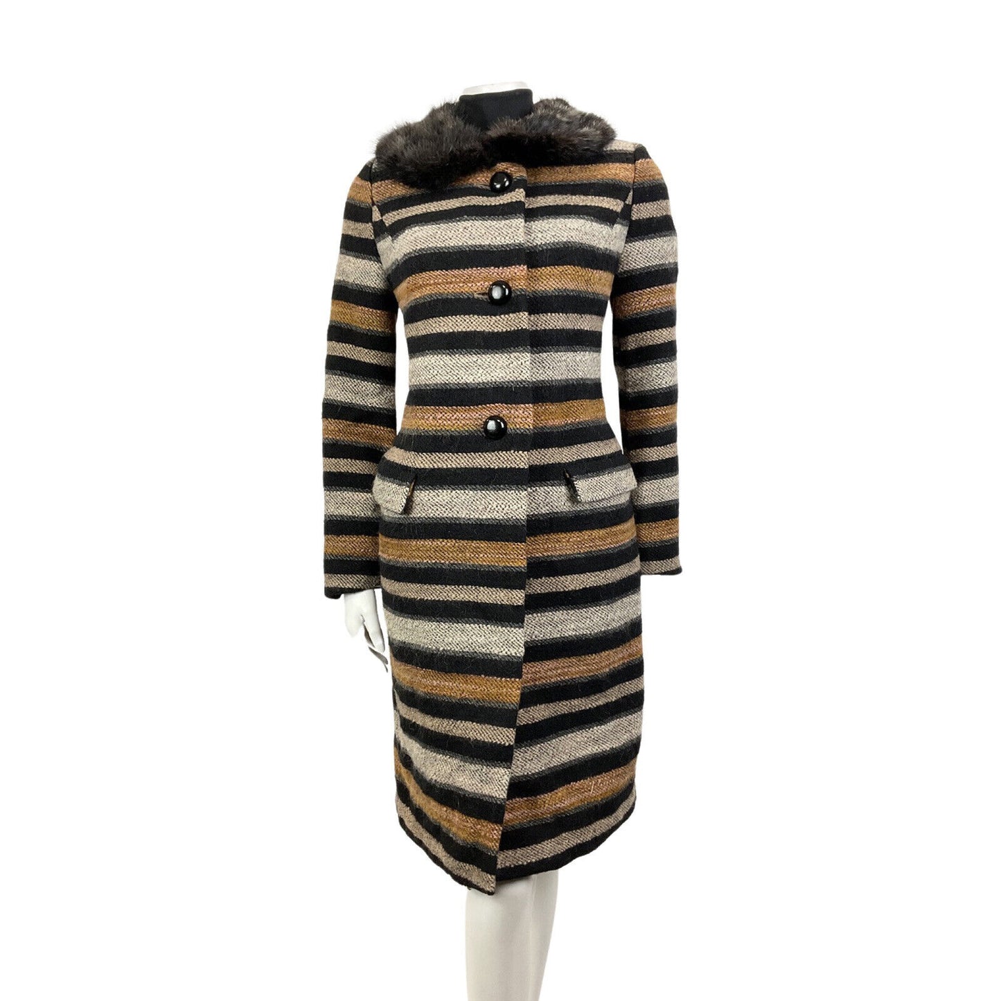 VINTAGE 60s 70s BLACK WHITE ORANGE STRIPED FUR COLLAR MOD WOOL SWING COAT 14 16