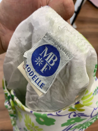 VINTAGE 60s 70s WHITE GREEN PURPLE FLORAL PSYCHEDELIC SLEEVELESS DRESS 10 12