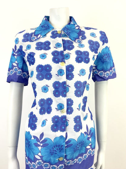 VINTAGE 60s 70s WHITE BLUE PURPLE FLORAL DOG EAR COLLAR MOD SHIRT SHIFT DRESS 16