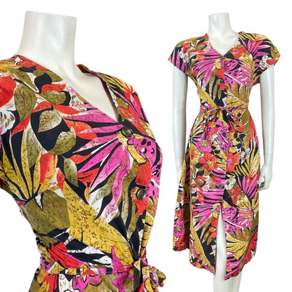 VINTAGE 70s 80s BROWN PINK YELLOW FLORAL PALM LEAF HAWAIIAN SHIRT DRESS 10 12