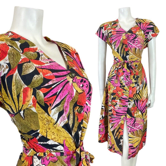 VINTAGE 70s 80s BROWN PINK YELLOW FLORAL PALM LEAF HAWAIIAN SHIRT DRESS 10 12