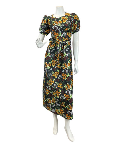 VTG 60s 70s BLACK ORANGE RED FLORAL PSYCHEDELIC PUFF SLEEVE MOD MAXI DRESS 8 10