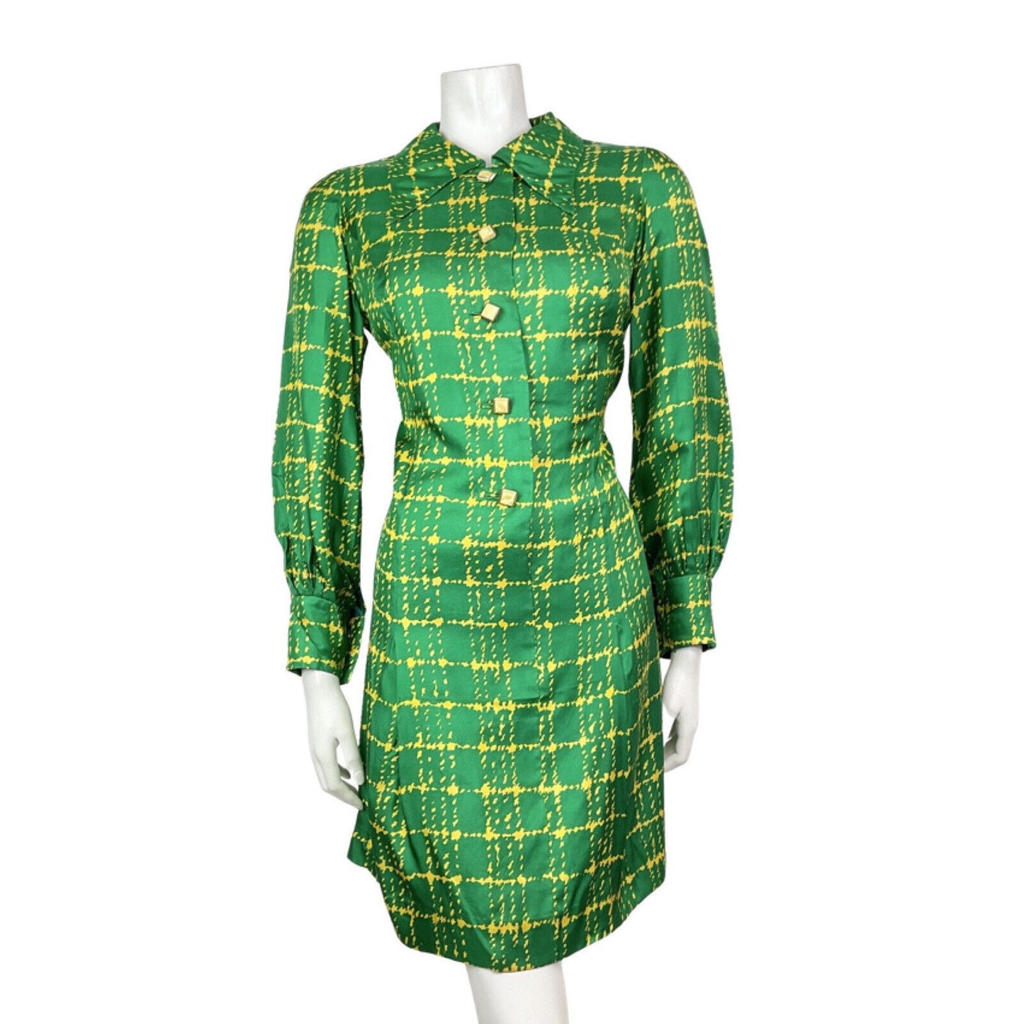 VINTAGE 60s 70s GREEN YELLOW CHECKED MOD DAGGER COLLAR SHIRT DRESS 12 14