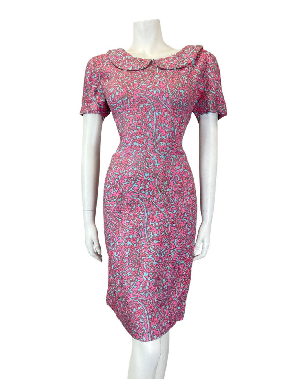 VINTAGE 60s 70s PINK BLUE PSYCHEDELIC ACANTHUS FLORAL PETER PAN COLLAR DRESS 10